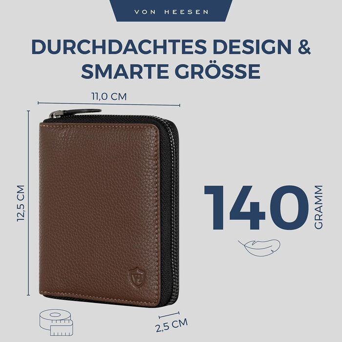 Гаманець VON HEESEN з натуральної шкіри з RFID-захистом, коричневий, для чоловіків і жінок, з монетницею