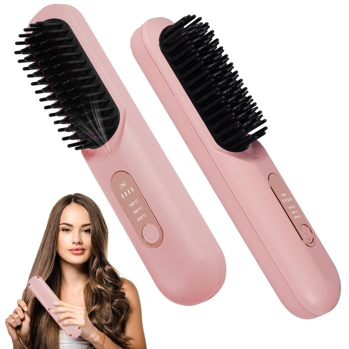 Бездротова випрямляч для волосся LOPHE з LED-дисплеєм, 3 температурні режими, акумулятор, для випрямлення волосся та бороди, білий (рожевий)