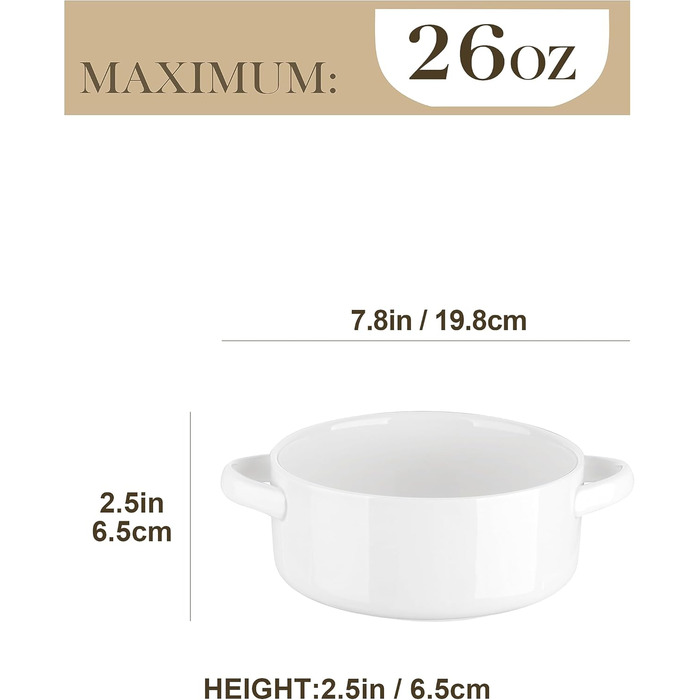 MALACASA Набір супових тарілок з ручками, 800 мл, 4 шт, порцеляна, білий, для французької цибулевої супи, каші та рагу