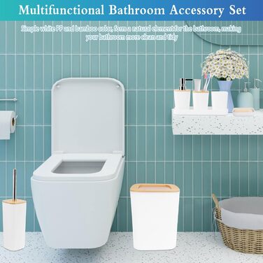Набір аксесуарів для ванної кімнати з бамбука, 7 предметів: сміттєвий бак, дозатор мила, стакан для ополіскування, мильниця, тримач для зубних щіток, тримач для унітазу, піднос для косметики