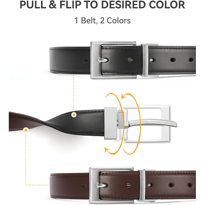 Чоловічий шкіряний ремінь CHAOREN, ремінь для чоловіків, реверсивний, чорний/коричневий, 32 мм, для костюма, бізнесу та формальних заходів (срібна блискавка, розмір пояса 108 см)