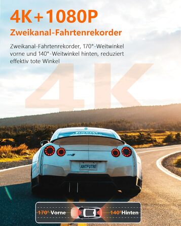 Відеореєстратор Antfutre Dashcam Auto Vorne Hinten 4K+1080P з GPS, WiFi, HDR, G-Sensor, 24/7 Parküberwachung, Loop-Aufnahme MXC-857-64GB