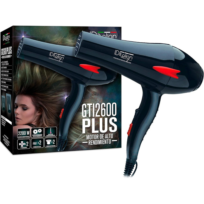 Професійний фен для волосся ID Italian Design з насадкою для укладки, 3 температурні та 2 режими швидкості, 2200W, чорний