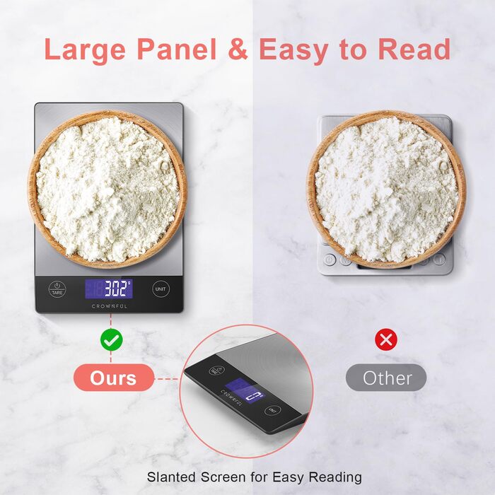Кухонні ваги CROWNFUL з підзарядкою, до 15 кг, цифровий дисплей LCD, нержавіюча сталь 304, для приготування їжі та випічки