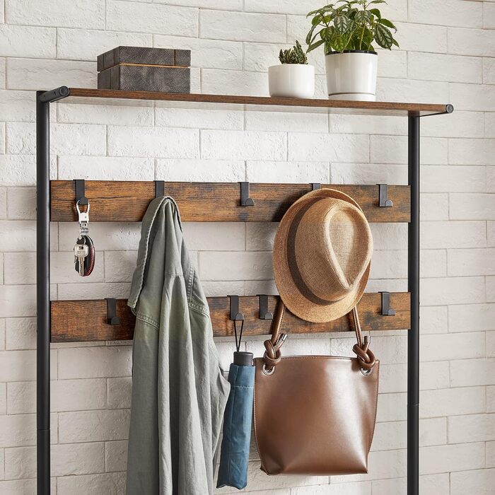 VASAGLE Coat Rack, Coat Stand, Clothes Rack with 9 Hooks, Shoe Bench, Shelf, 30 x 85 x 180.5 cm, for Entryway, Bedroom, Small Apartments, Industrial Design, Vintage Brown-Black HSR409B01
