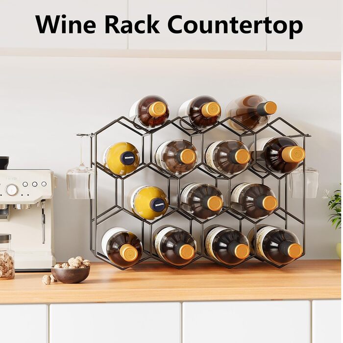Urban Deco Wine Rack for 14 Bottles made of Metal, Bottle Rack Black with 2 Hooks for 2 Wine Glasses, Small Wine Rack for Kitchen, 43 x 13.6 x 31 cm