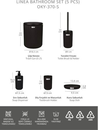 Набір аксесуарів для ванної кімнати Luxus Modern: тримач для зубних щіток, стакан, контейнер для ватних паличок, тримач для туалетного йоржика, мильниця, сміттєвий бачок, дозатор мила (5 предметів, чорний)