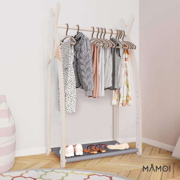 MAMOI® Clothes Rail Baby Nursery | Children's Clothes Rail 106x95x32cm / 53x95x32cm | Children's Clothes Rack Baby | Coat Stand | Baby Wardrobe | Children's Wardrobe | 100% ECO | Made in EU (1 Module - 1 Shelf, White - Grey)