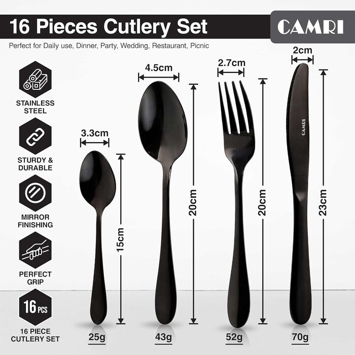 Набір столових приборів CAMRI – 16 предметів з нержавіючої сталі, столовий набір, ножі, виделки, ложки, набір для 4 осіб, придатний для миття в посудомийній машині, чорний матовий/дзеркальний дизайн