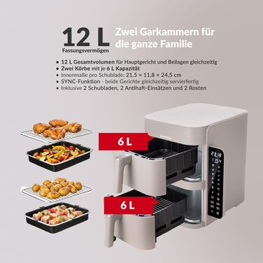 Аерофритюрниця з двома камерами LEHMANN XXL 12L, безмасляний Airfryer на 2800 Вт, 10 програм, антипригарне покриття, бежевий