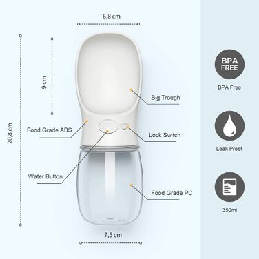 Водяна пляшка для собак на прогулянці, портативна, BPA-free, 350 мл, біла
