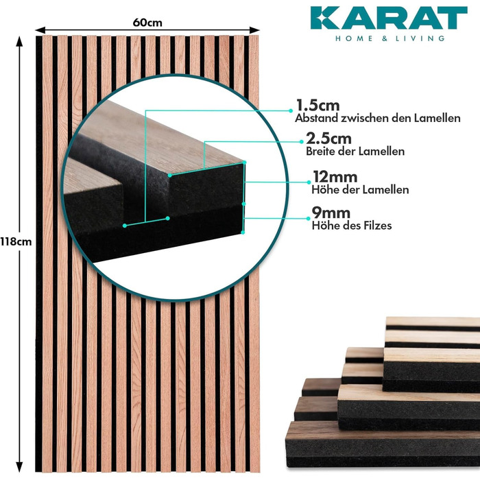 Акустичні настінні панелі KARAT з натурального шпону червоного дуба (Red Oak), ламелі з дерева та фетру для шумоізоляції та звукопоглинання, 118 x 60 см