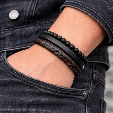 Чоловічий шкіряний браслет: товсте чорне плетіння, 19-22 см — ідеальний подарунок