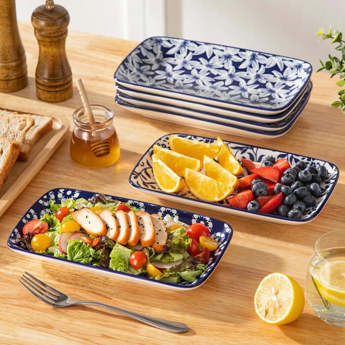 Набір сервірувальних тарілок Vancasso SELENE (6 шт.) - великі, прямокутні, порцелянові, для свят, сніданків, фуршетів, сирної тарілки, мікрохвильова піч та посудомийна машина, блакитно-білі