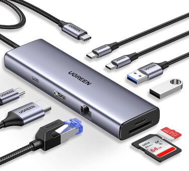 Хаб UGREEN Revodok 109 USB-C з HDMI 4K 60Hz, PD 100W, Gigabit Ethernet, SD/TF, 2xUSB-C, 2xUSB-A - сумісний з iPhone, MacBook, iPad, Surface, Galaxy