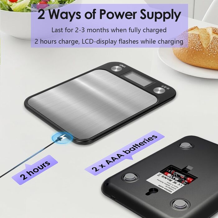 Кухонні ваги Muaket 1г/10кг з цифровим дисплеєм, велика платформа 17,5x15 см, 7 одиниць вимірювання, функція тарування, для продуктів, порошку, фруктів, овочів, перезаряджувані