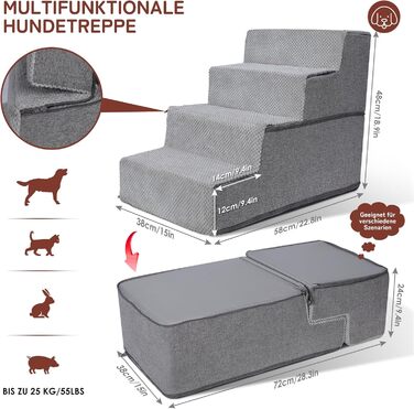 Dog stairs, dog ramp, non-slip dog stairs 5 steps, washable dog bed ramp, pet stairs made of high-density sponge, for injured & older dogs, cats (pet stairs 4 steps, gray)