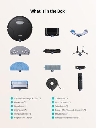 Робот-пилосос HONITURE G20 Pro з функцією миття, 4500Pa, керування через додаток, 180 хв роботи, для шерсті тварин, килимів та твердих підлог, чорний