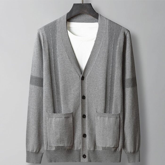 Чоловічий кардиган з в'язаного полотна, V-подібний виріз, бавовна, з ґудзиками та кишенями (сірий, M)