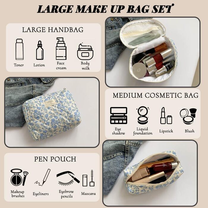 Набір косметичок 3 шт. для подорожей, косметичка для жінок з квітковим принтом, блакитний колір