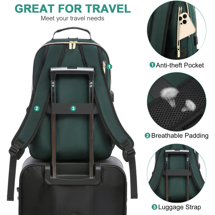 LOVEVOOK Рюкзак для жінок, великий, 15.6 дюймів, для ноутбука, водонепроникний, шкільний, для дівчаток-підлітків, чорний, елегантний, для роботи, для школи, університету, подорожей, 15.6' (17.3 дюймів, темно-зелений)