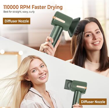Atopskins Hairstyler: Фен-щітка 7-в-1 для створення зачісок, 110000 RPM, з іонізацією, дифузором, локонами, об'ємом, випрямленням, для волосся, зелений