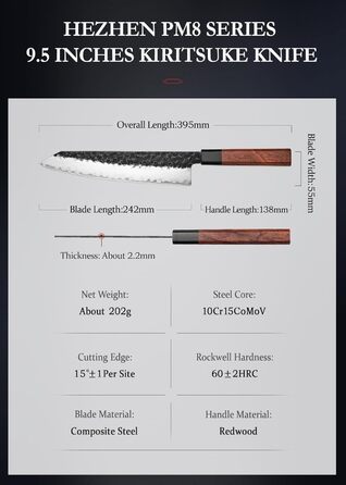 HEZHEN 21.5cm Kiritsuke Chef's Knife - 3-Layer Forged Steel, Japanese Kitchen Knife with Redwood Handle & Wooden Sheath