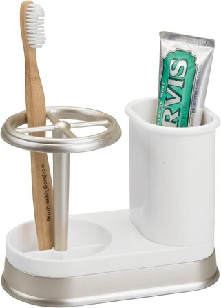 mDesign Toothbrush Holder - high-quality toothbrush holder made of plastic for bathroom sink or vanity cabinet - practical holder for toothbrushes and toothpaste - white and matte silver