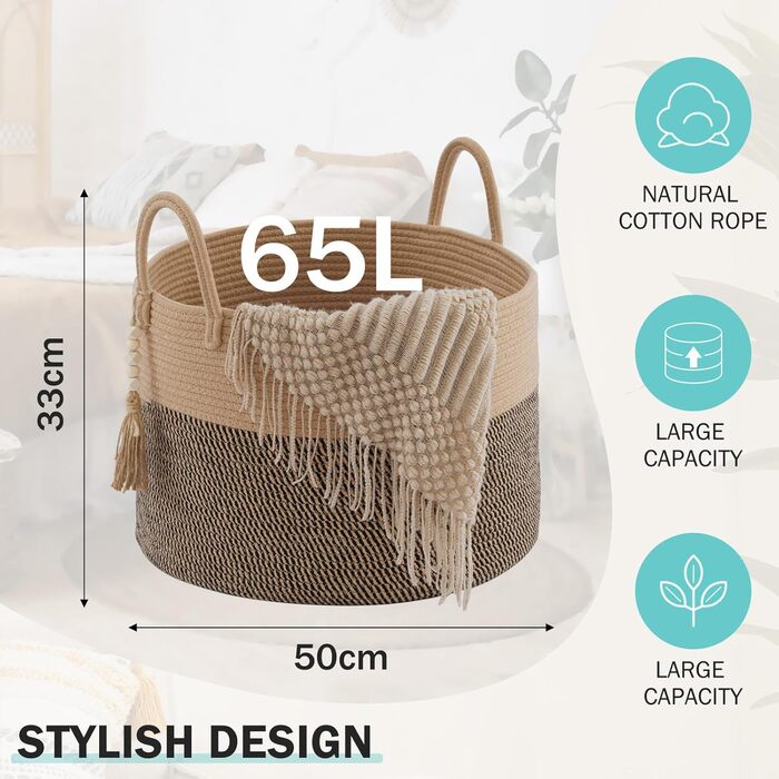 YOUDENOVA Woven Laundry Basket Large 65L Basket Storage Basket Blanket Toy Basket for Living Room Children's Room Storage Basket Laundry Collector 50x33 (Jute & Black, 50cm(D) x 33cm(H))