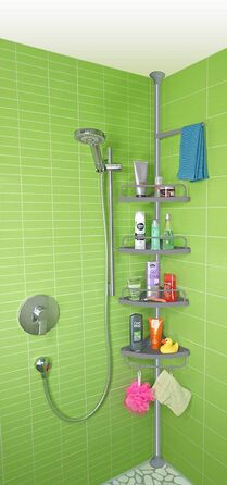 Stardis Telescopic Corner Shelf, Stainless Steel, Rust-Proof with 4 Shelves, Shower Shelf, Telescopic Shelf for Shower, Bathroom, Shower Shelf, Height Adjustable from 120-300 cm, Grey