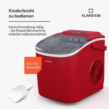 Льодогенератор Klarstein, 12 кг/24 год, 2 розміри кубиків, 1,3 л, LED-індикація, прозора кришка, портативний, для вечірок і садових свят, червоний