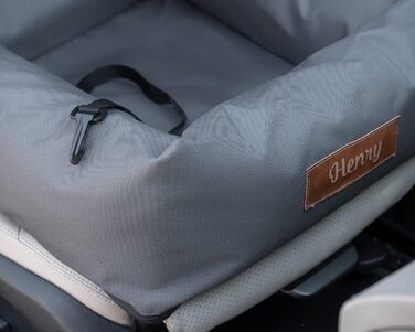 Крісло-ліжко для собак Petsen з іменем, сіре. Зручне автокрісло для собак маленьких порід, автоліжко з ліжком та поводок.