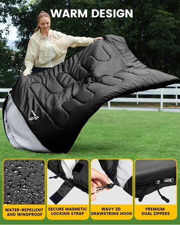 Сплячий мішок Outdoor Sportneer для 2 осіб, 220x150 см, 3.5 кг, з 2 подушками, 4 блискавки, дорослий, чорний