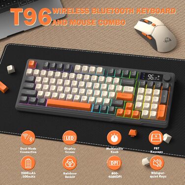 Бездротова клавіатура та миша FREEWOLF T96 з Bluetooth та 2.4G, PBT-клавіші, дисплеєм, тихими клавішами, Anti-Ghosting, QWERTY (Шиммер)