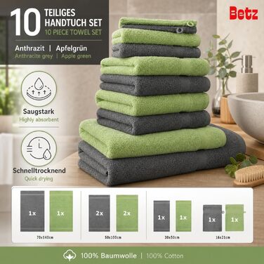 Набір рушників Betz Premium 10 предметів, 100% бавовна, махровий, антрацит та яблучно-зелений (2 банні, 4 ручні, 2 гістьові рушники, 2 рукавички)