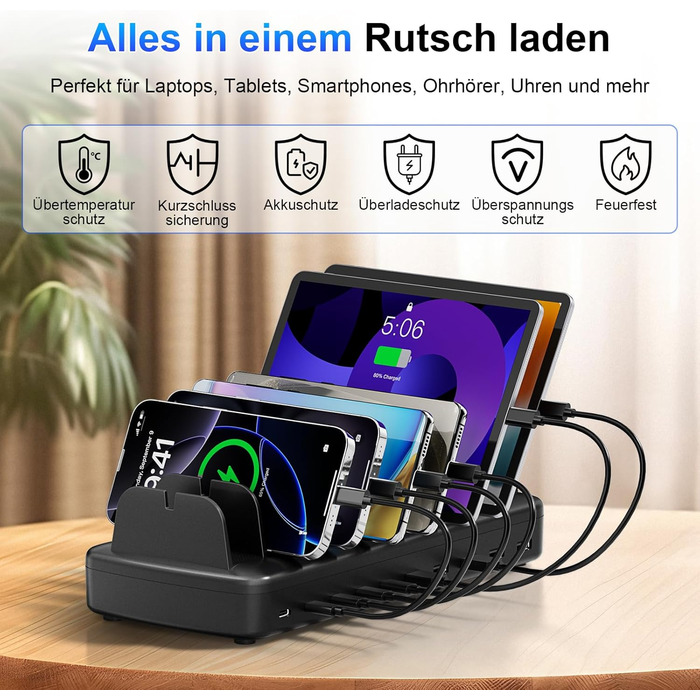 Зарядна станція COTOPS 65W на 10 портів для ноутбука, телефону, iPad, планшета. USB-C PD, з підставкою-органайзером, чорна