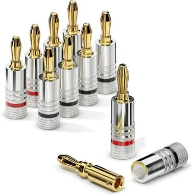 Бананові конектори Sonero® для акустичних кабелів (до 6 мм²), 4 шт. з кольоровим кодуванням (12x червоний, 12x чорний), 24K позолота (8 шт., High-End, комплект з 10 метрів кабелю 2x1.50 мм²)