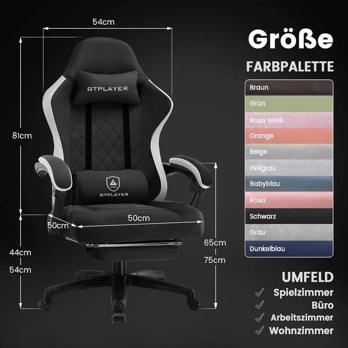 Ігровий крісло GTPLAYER з ергономічним дизайном, підлокітниками, що з'єднуються, та підставкою для ніг (чорний)