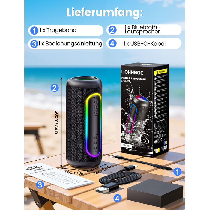 Портативна Bluetooth колонка UOHHBOE 30W з RGB підсвічуванням, TWS Stereo, 24 години роботи, IPX5 водонепроникність