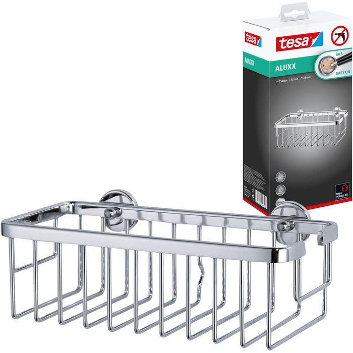tesa ALUXX Shower Basket, Aluminum, Chrome-plated, guaranteed rust-free, including adhesive solution, deep base, 125 mm x 250 mm x 92 mm
