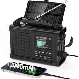 Радіоприймач Kurbelradio з DAB/DAB+/UKW, акумулятор 12000mAh, сонячна панель 8500mm², ручне радіо, Bluetooth 5.0, ліхтарик, ліхтар для читання, Outdoor, кемпінг, зелений (чорний)