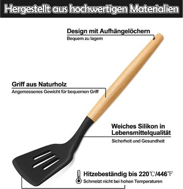 Набір кухонних аксесуарів Homikit 15 предметів з чорного силікону та дерев'яними ручками. Кухонний аксесуар, стійкий до високих температур, легко миється. З підставкою для аксесуарів.