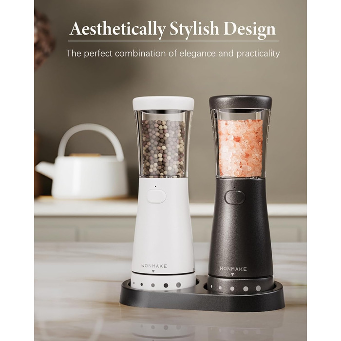 Salt and Pepper Grinder Electric 2-Piece Set with USB Rechargeable, Improved 4.5oz Large Capacity Spice Grinder Electric, Adjustable Coarseness with LED Light, Ideal for the Kitchen (Black/White)