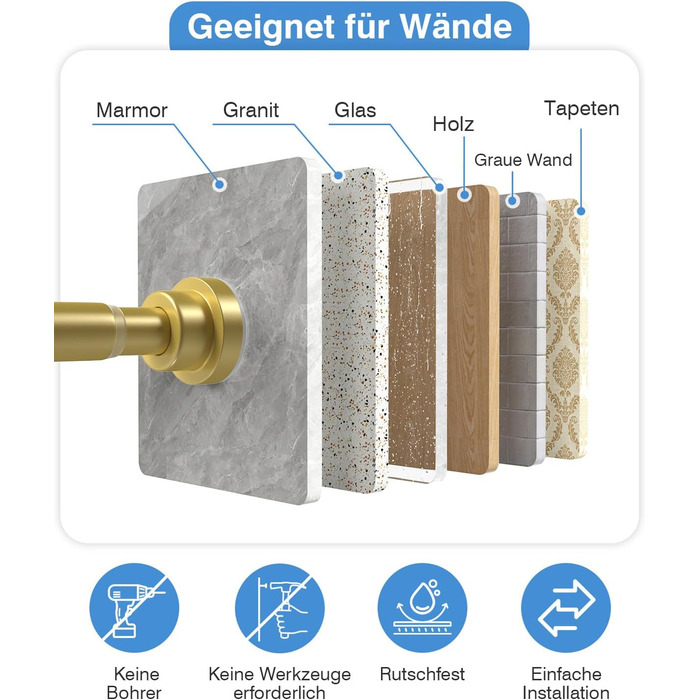 Телескопічна штанга для карнизів та душової кабіни без свердління, 79-195 см (Золотий)