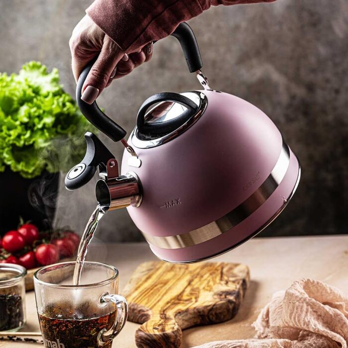 Чайник Kinghoff 1.8L з нержавіючої сталі з свистком, для індукційних плит, рожевий