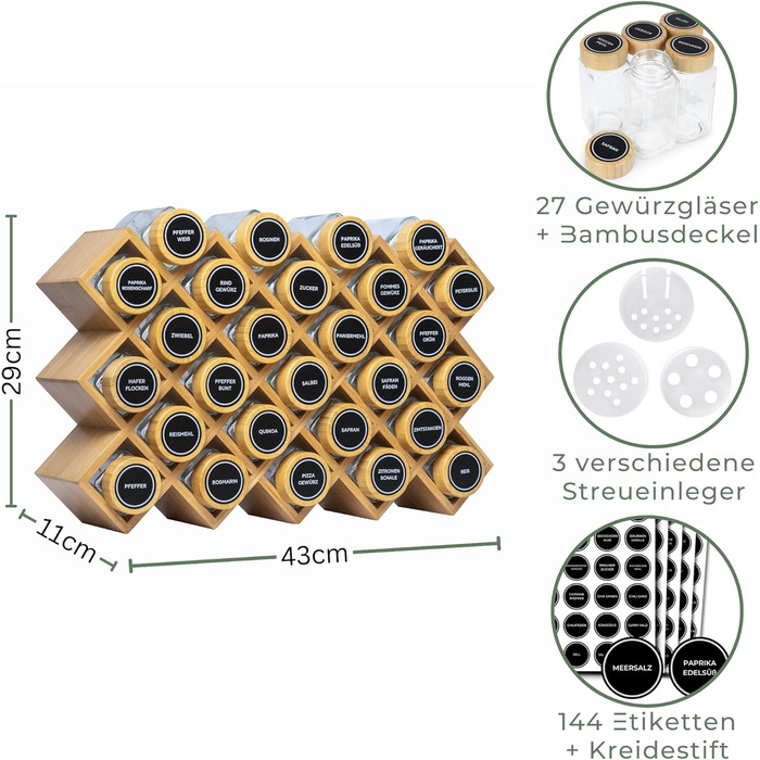 Стильна бамбукова полиця для спецій Adabor - органайзер з 27 скляними баночками, кришками та 144 етикетками