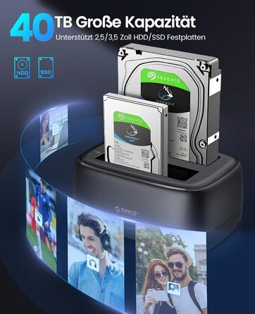 ORICO Док-станція для жорстких дисків, USB 3.2 Gen 1, 2 відсіки, підтримка 2.5/3.5 HDD/SSD, до 20TB, UASP, 12V 3A