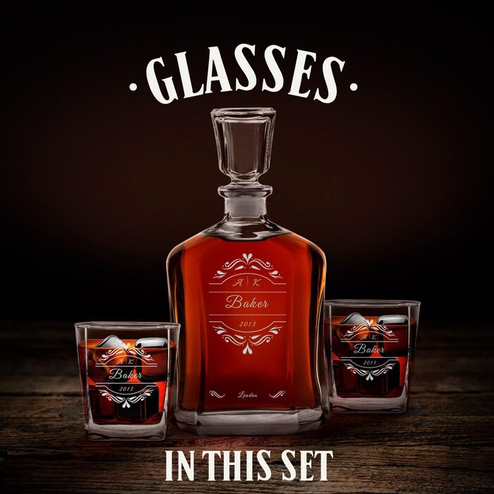 Maverton Whiskey Decanter + 2/4/6 Whiskey Glasses Set with Engraving - 700ml Whiskey Decanter - Christmas Gifts - Anniversary Gift for Couple - Monogram