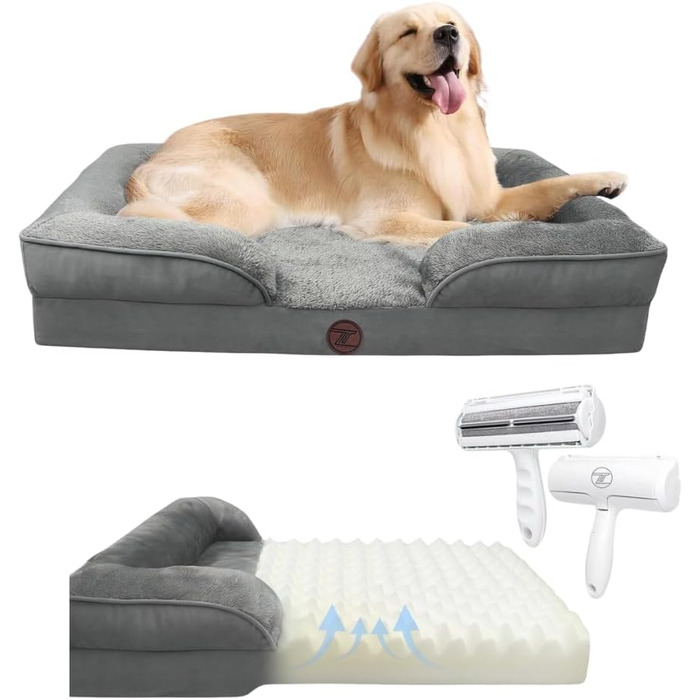 Ортопедичне ліжко для собак ZURMATRADE з Memory Foam – миється, неслизьке, зручне – для великих та маленьких собак – сірого кольору, видалення шерсті L (89x63,5x16,5 см)