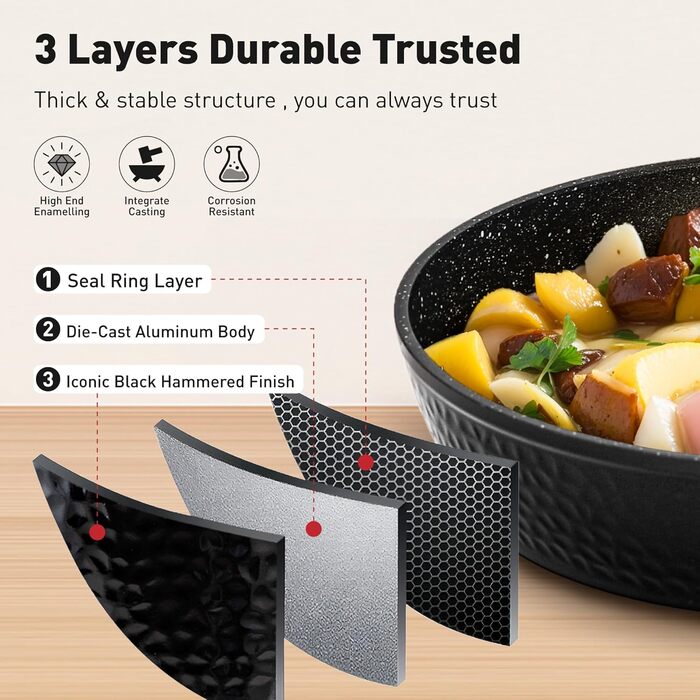 Набір посуду DishDelight 15 предметів: каструлі та сковороди з антипригарним покриттям, індукційні, з граніту, чорного кольору